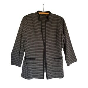 Ming Wang Striped Open Front Blazer Jacket Womens Size L Gray Black 3/4 Sleeve